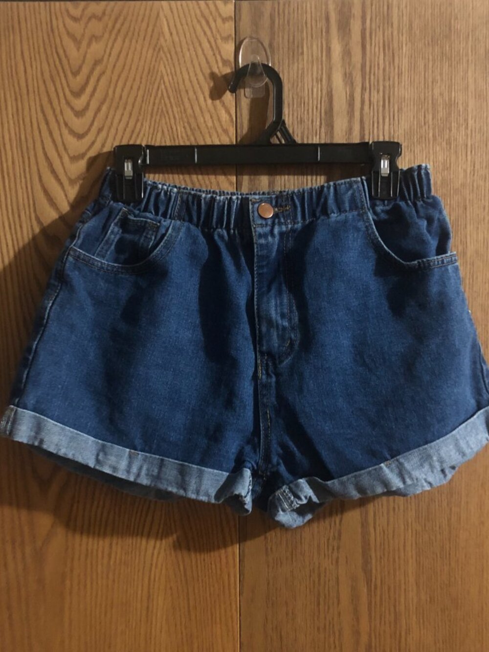 SHEIN High Waist Dark Blue Denim Shorts Womens L 8/10 Cuffed Rolled Hem